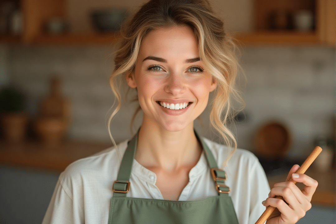 Femme souriante en tablier dans une cuisine chaleureusement éclairée